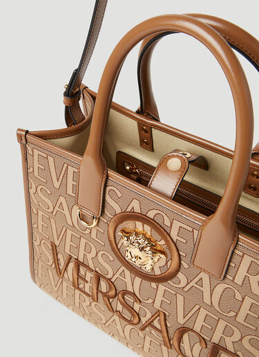 Versace Logo Jacquard Mini Tote Bag in Brown