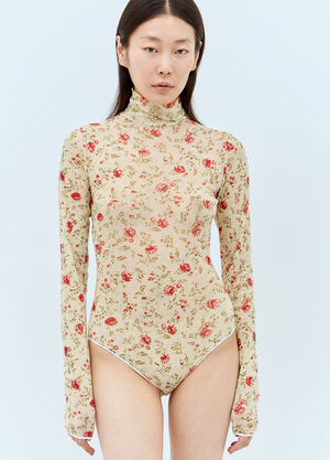 Prada Printed Stretch Tulle Bodysuit Beige pra0256027
