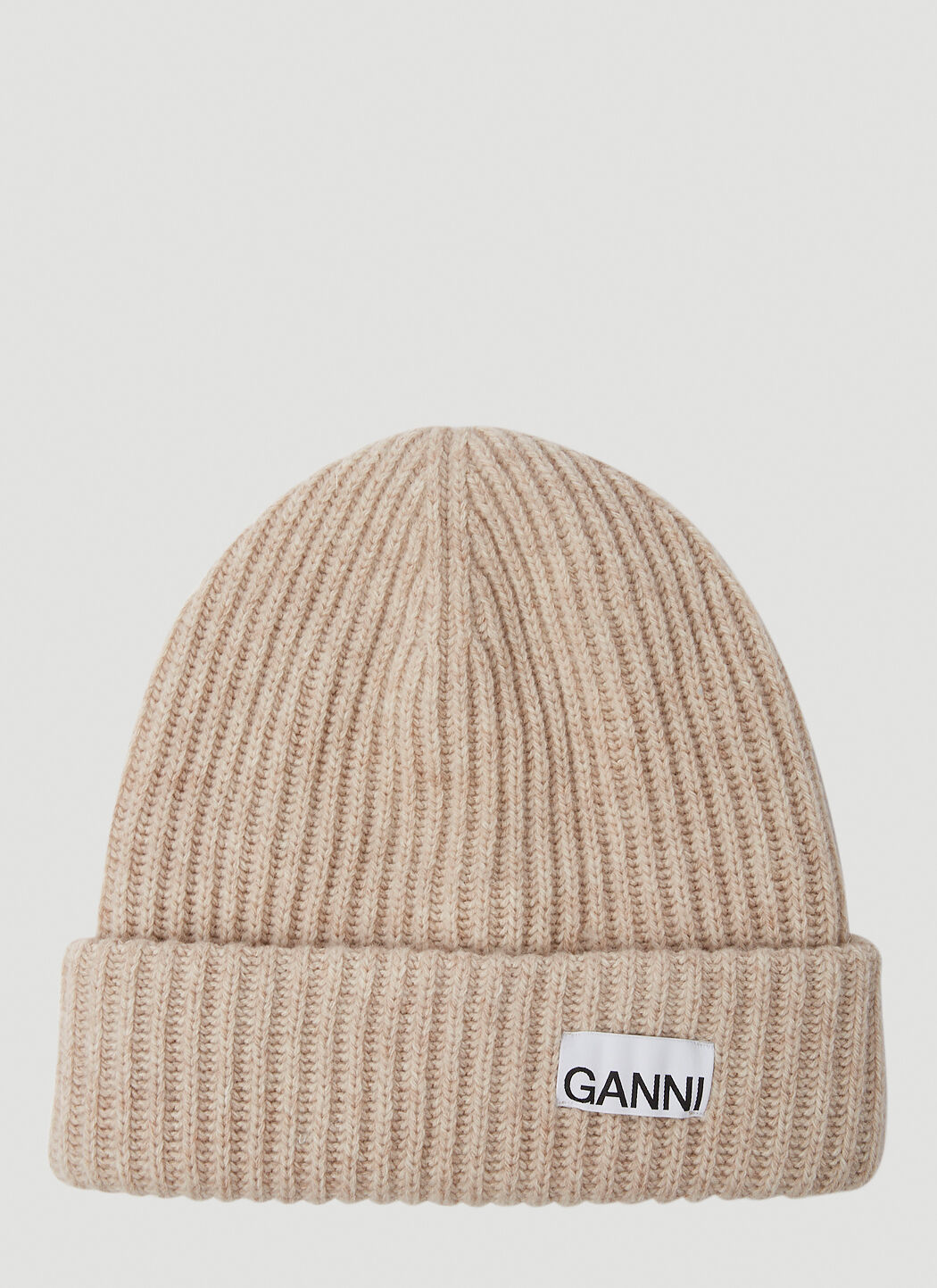 GANNI Logo Patch Ribbed Beanie Hat in Sand | LN-CC®