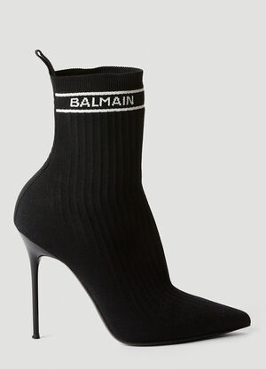 Balmain Logo Print Knit High Heel Boots White bln0253005
