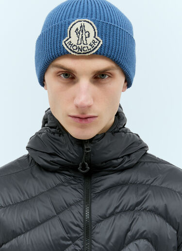 Moncler Logo Patch Beanie Hat Blue mon0157053