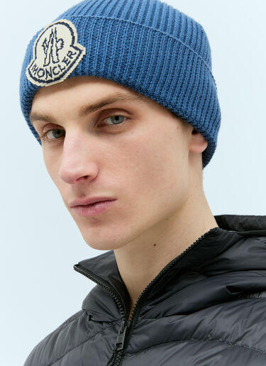 Moncler Logo Patch Beanie Hat Blue mon0157053