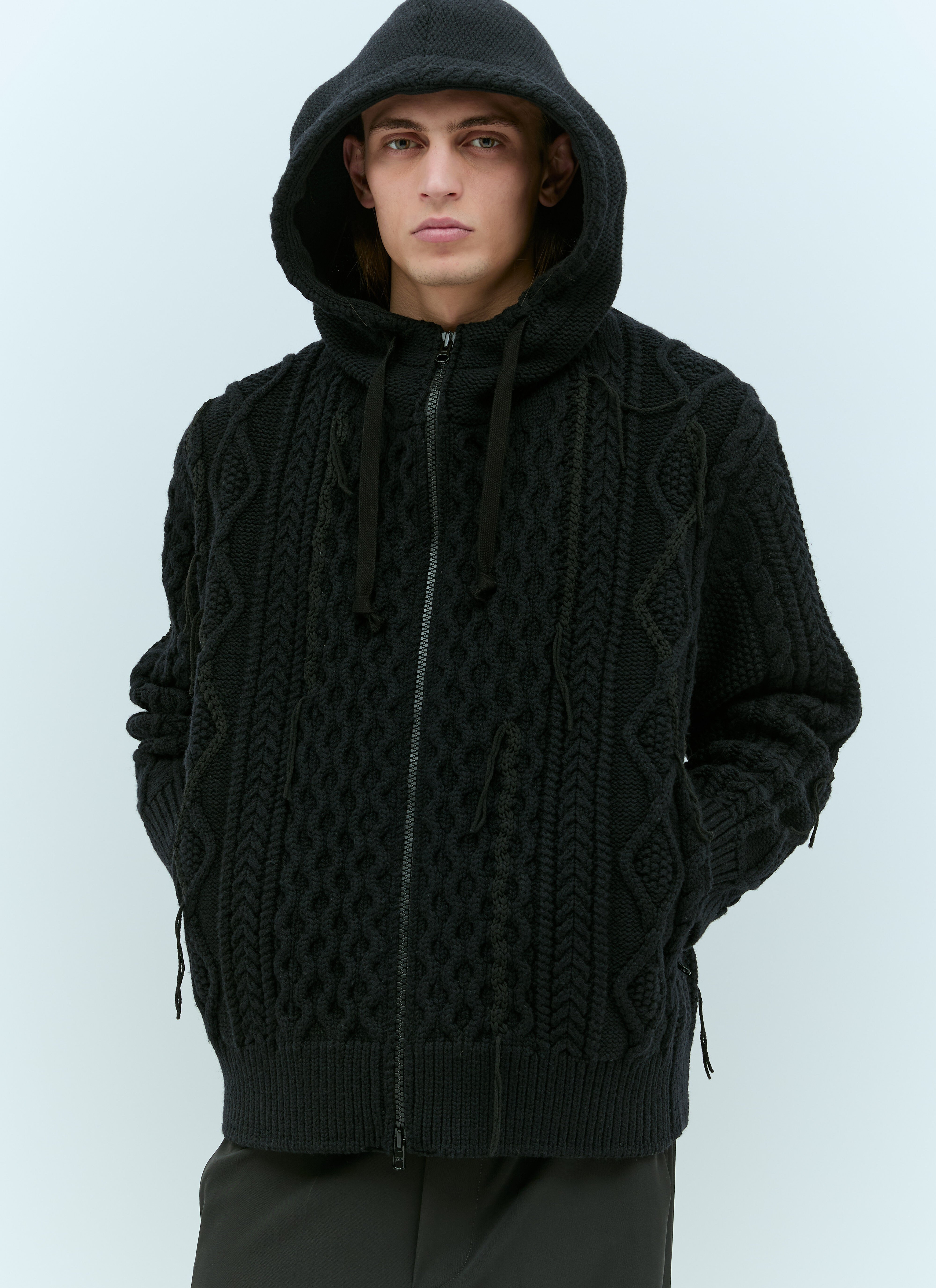 Raf Simons Cabel Knit Hooded Zip-Up Cardigan Black raf0152008