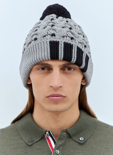 Thom Browne Four-Bar Cable Knit Beanie Hat Grey thb0157011