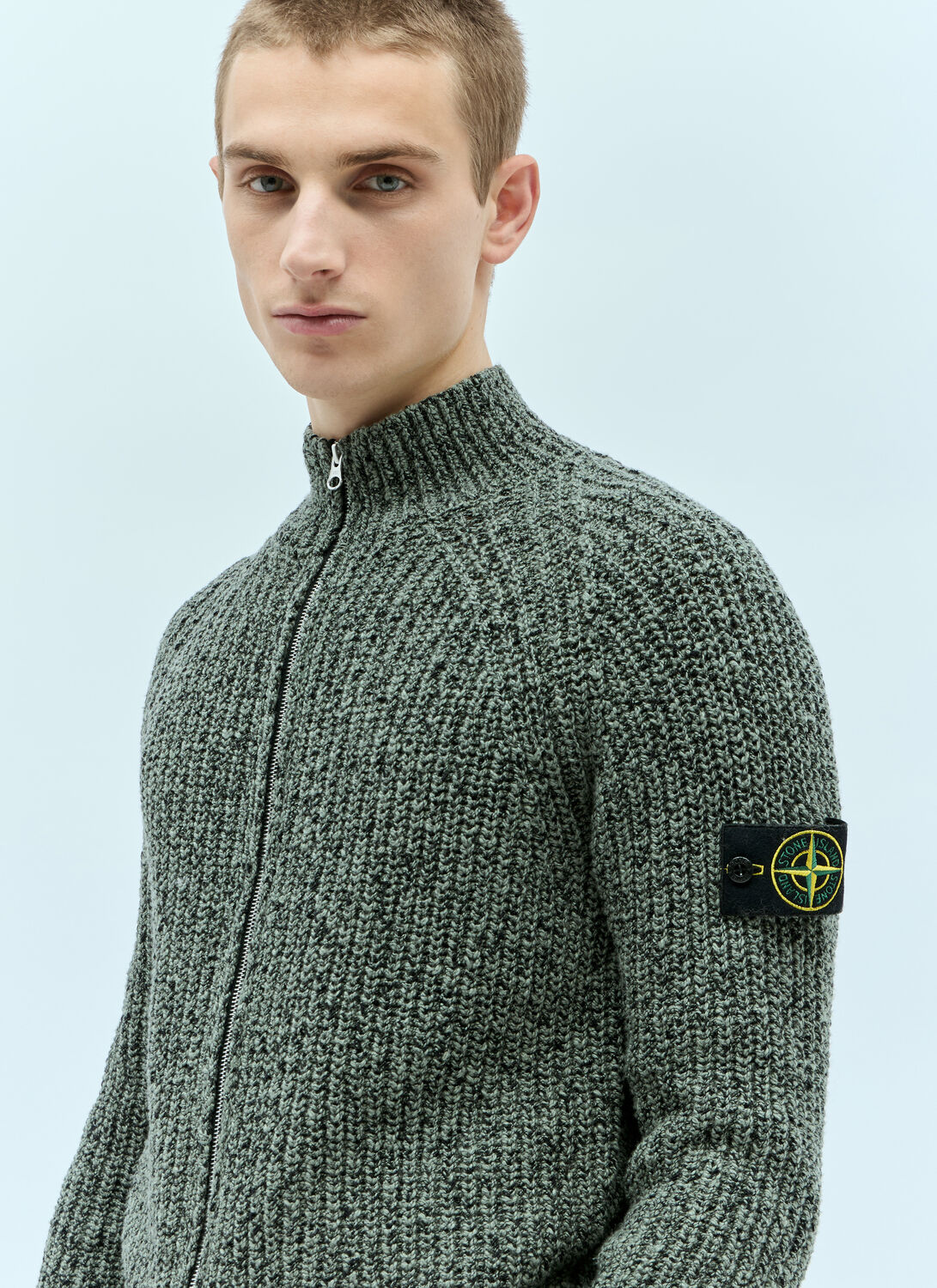 Shop Stone Island Zip-up Knit Sweatshirt In Green