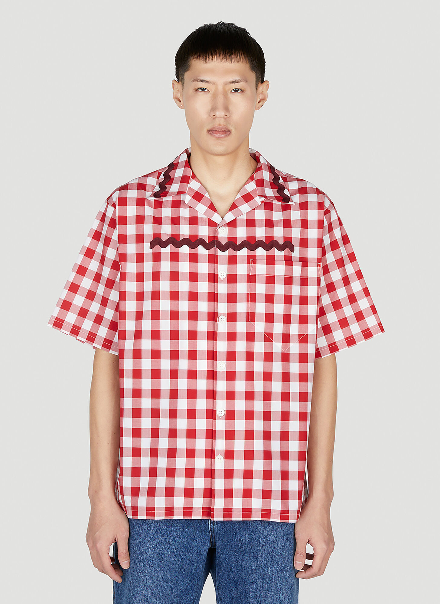 Red Ricrac-trim gingham-cotton shirt, Prada