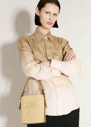 Prada Crochet And Leather Shoulder Bag Beige pra0256027