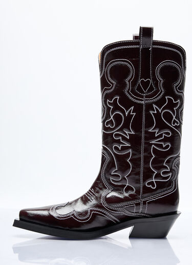 GANNI Mid Shaft Embroidered Western Boots Burgundy gan0256058