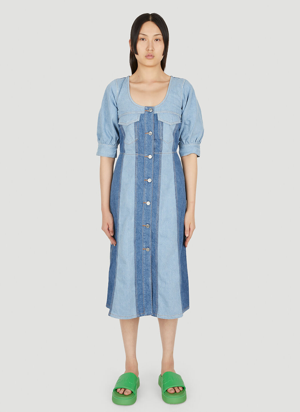 Aje Puff-sleeved Patchwork Denim Dress In Multi Denim Wash | ModeSens