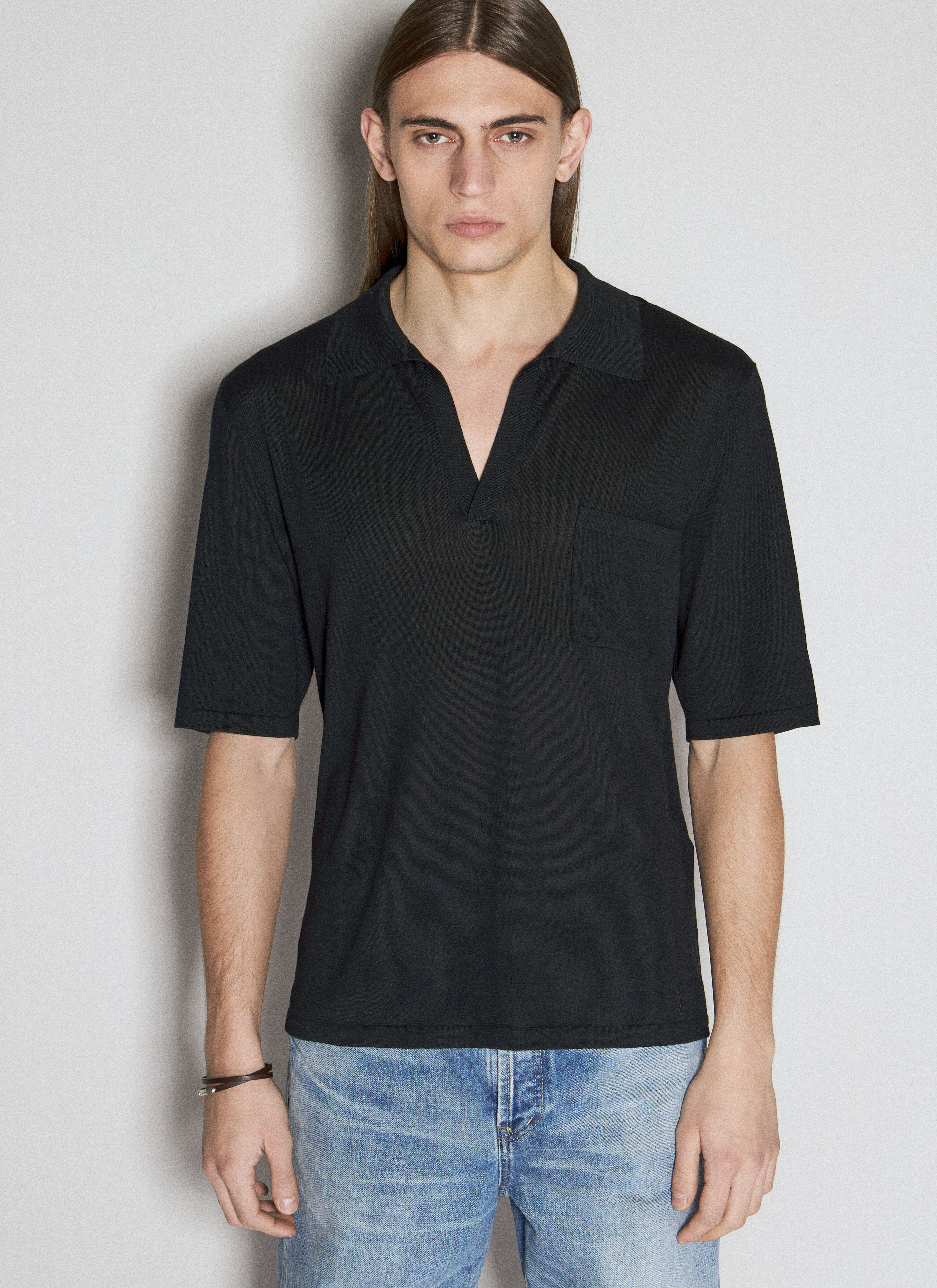 Saint Laurent Wool Knit Polo Shirt Black sla0156019