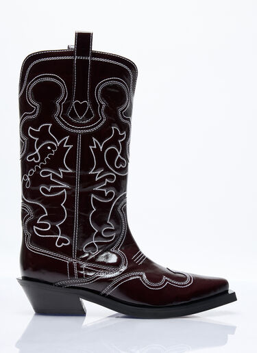 GANNI Mid Shaft Embroidered Western Boots Burgundy gan0256058