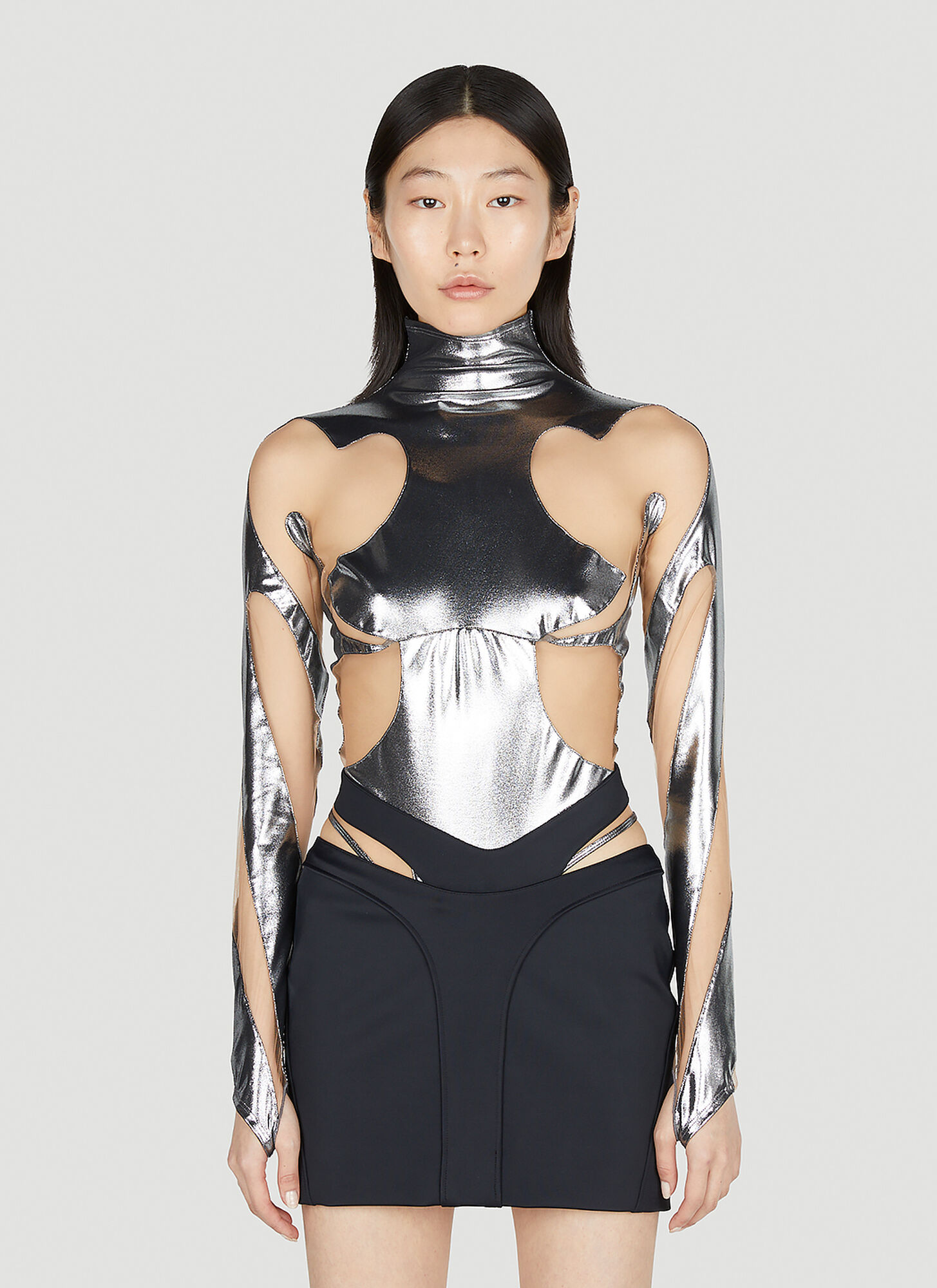 Shop Mugler Metallic Cut Out Illusion Bodysuit In Silver