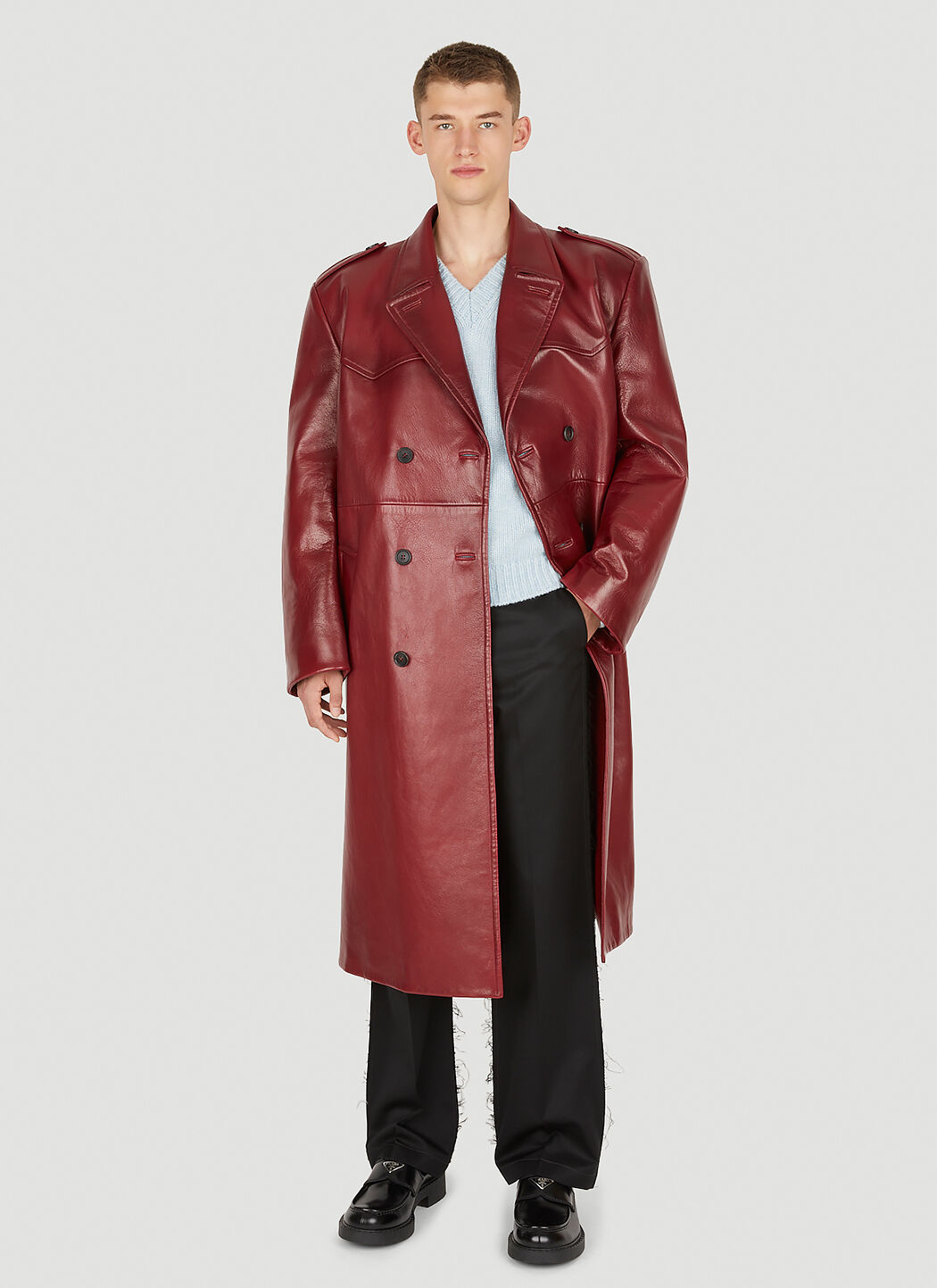 Prada Double Breasted Leather Trench Coat in Red | LN-CC®