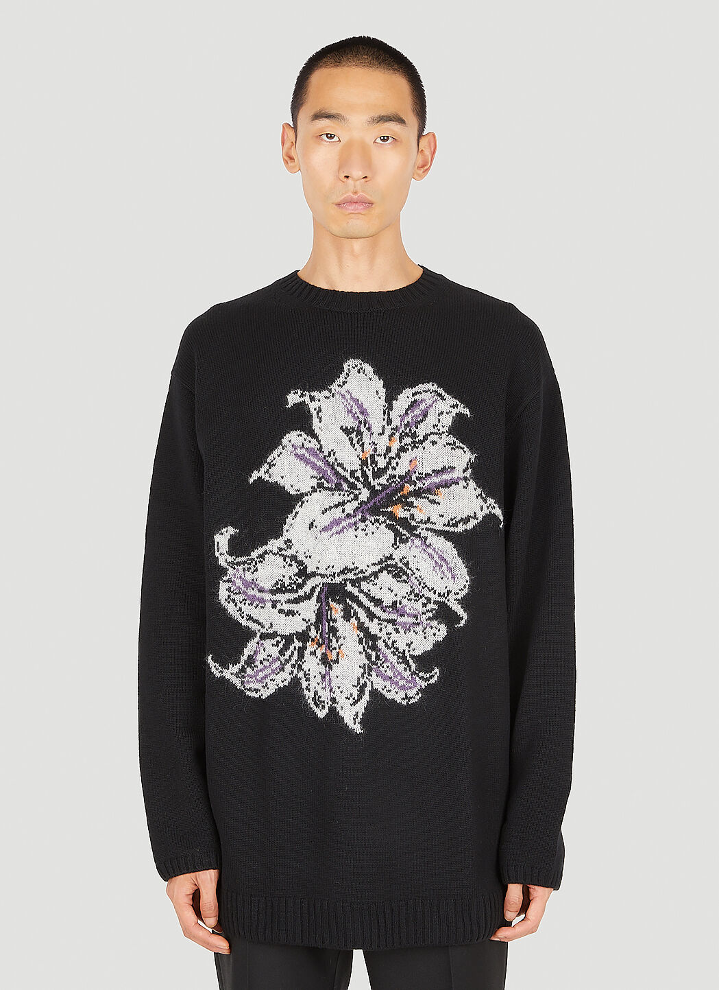 Yohji Yamamoto Intarsia Flower Sweater in Black | LN-CC®
