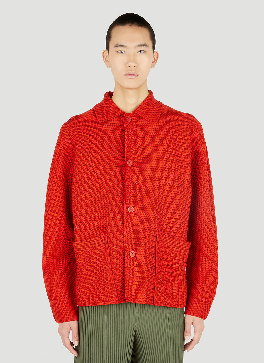 Homme Plissé Issey Miyake Men's Rustic Knit Jacket in Red | LN-CC®