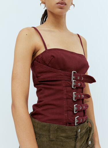 Bandeau Buckle Detail Lace Up Corset Top In Burgundy Faux Leather