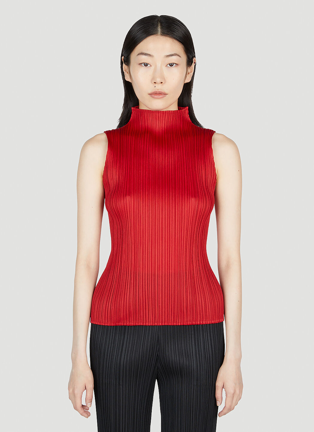 Pleats Please Issey Miyake Women's Pleated Mock Neck Top in Red 
