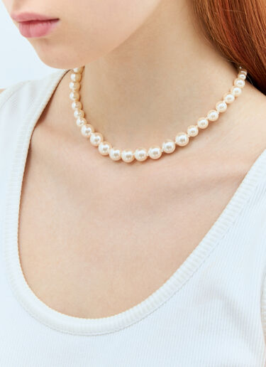 Miu Miu Leather And Glass Bead Necklace Cream miu0258045