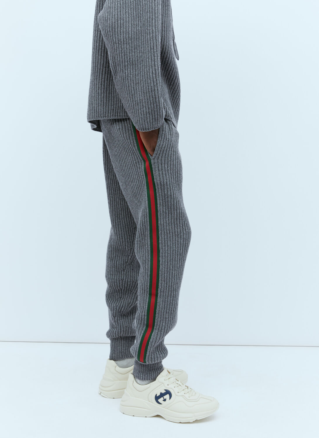 Grey Web stripe ribbed-knit wool-blend track pants, Gucci
