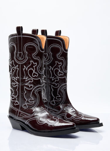 GANNI Mid Shaft Embroidered Western Boots Burgundy gan0256058