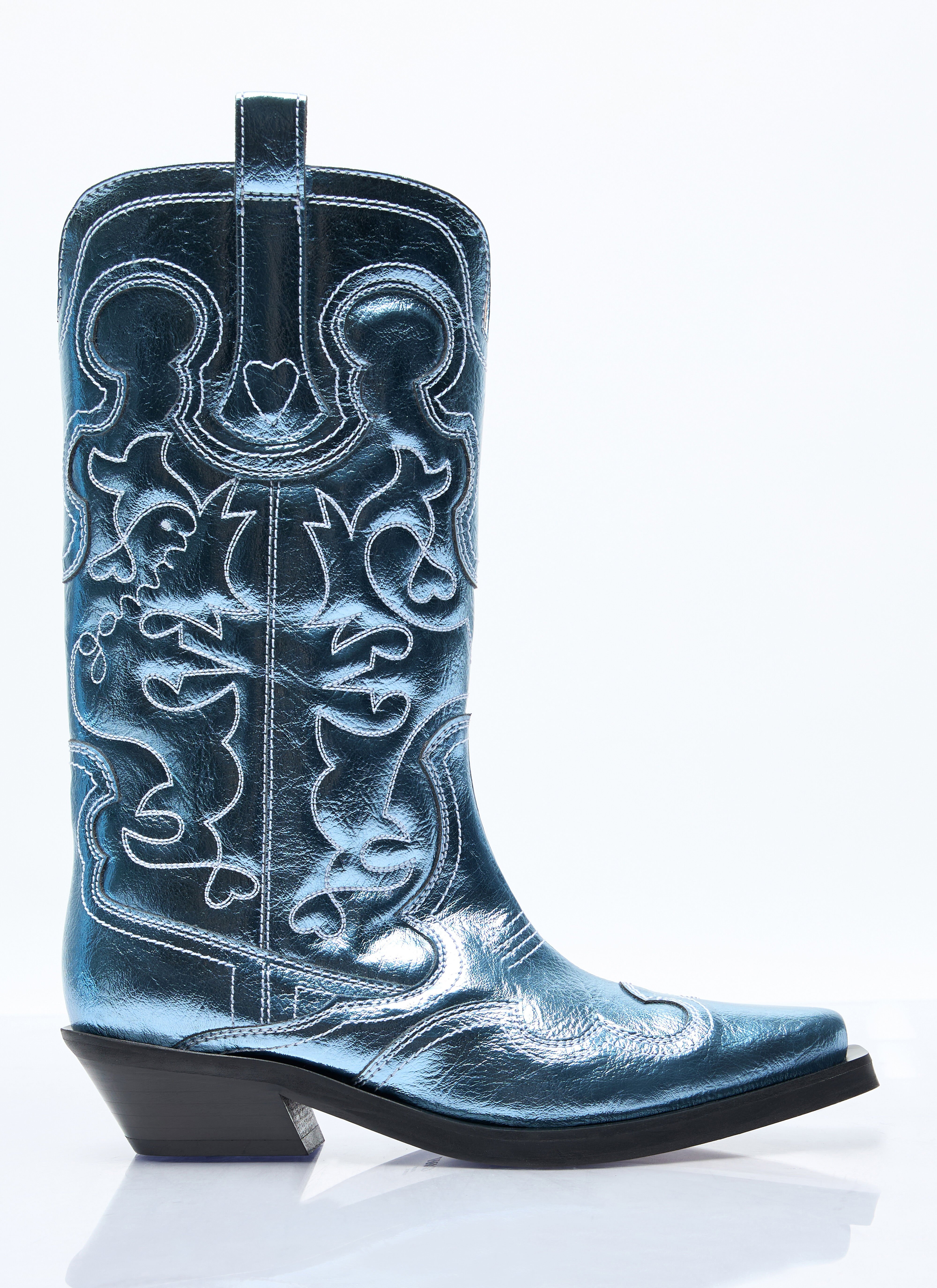 GANNI Mid Shaft Embroidered Western Boots Blue gan0256054