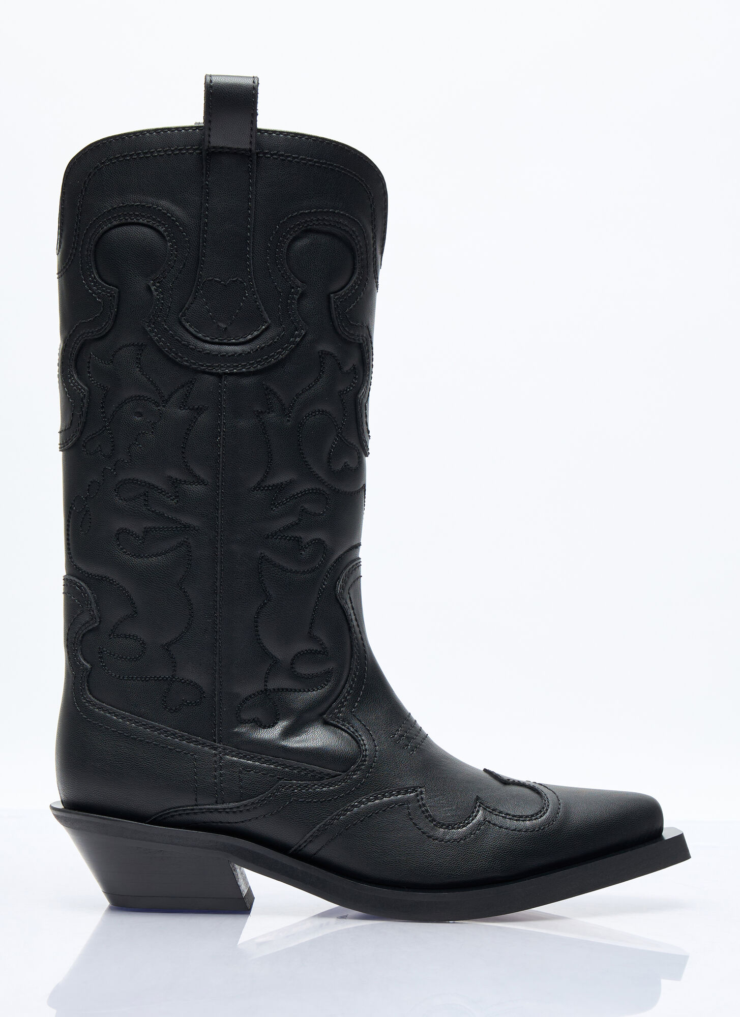 Shop Ganni Mid Shaft Embroidered Western Boots In Black