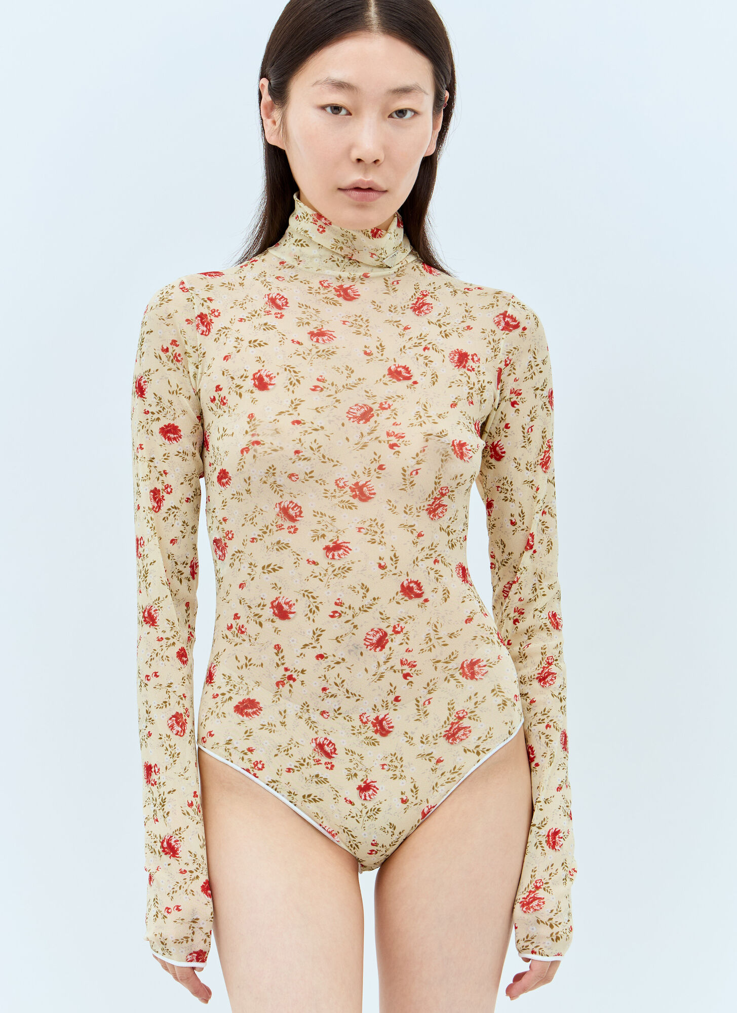 Shop Prada Printed Stretch Tulle Bodysuit In Cream