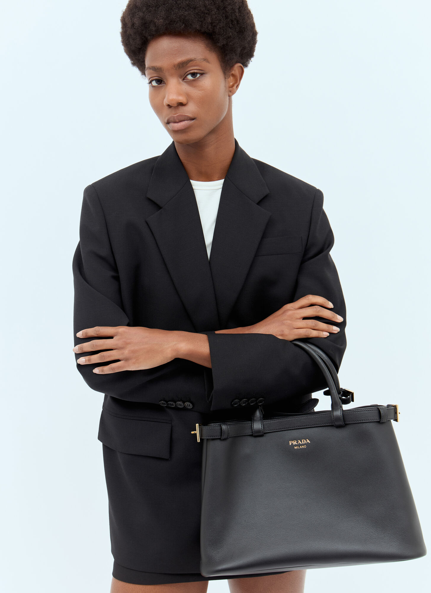 Prada Buckle Medium Leather Handbag In Black