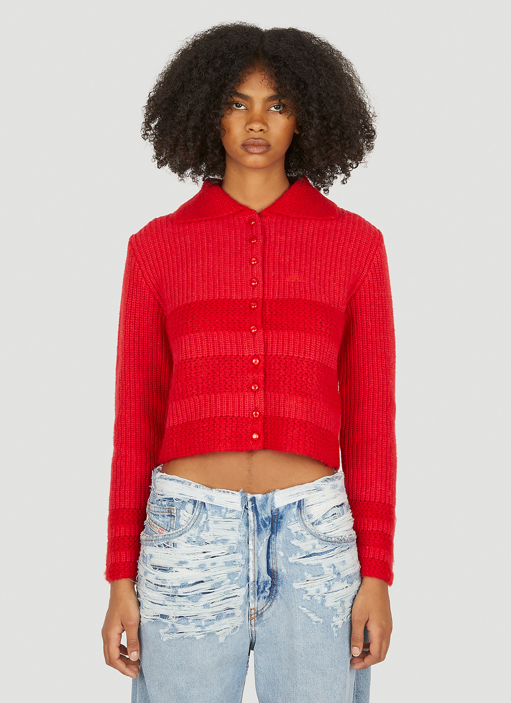 Rib-knit Cardigan - Red - Ladies