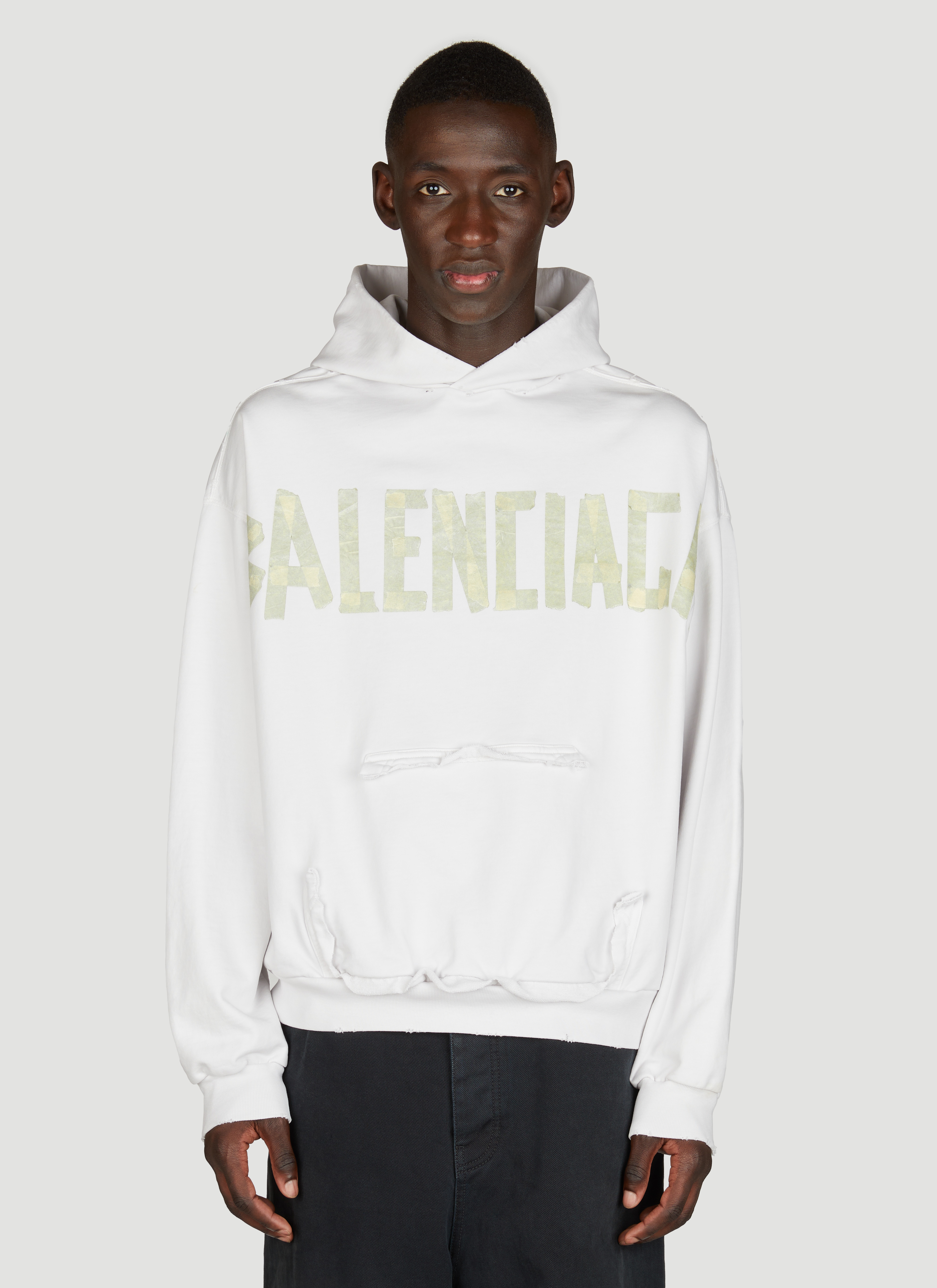 Balenciaga Men's' Distressed Logo Print Hooded Sweatshirt in White | LN-CC®