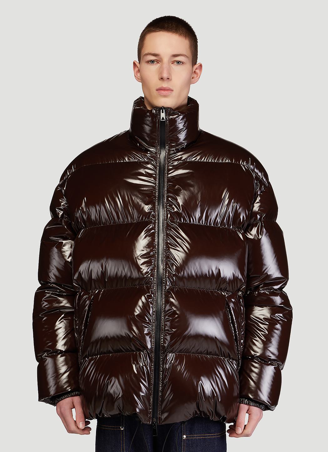 Bottega Veneta Men's Shiny Lightweight Down Jacket in Brown | LN-CC