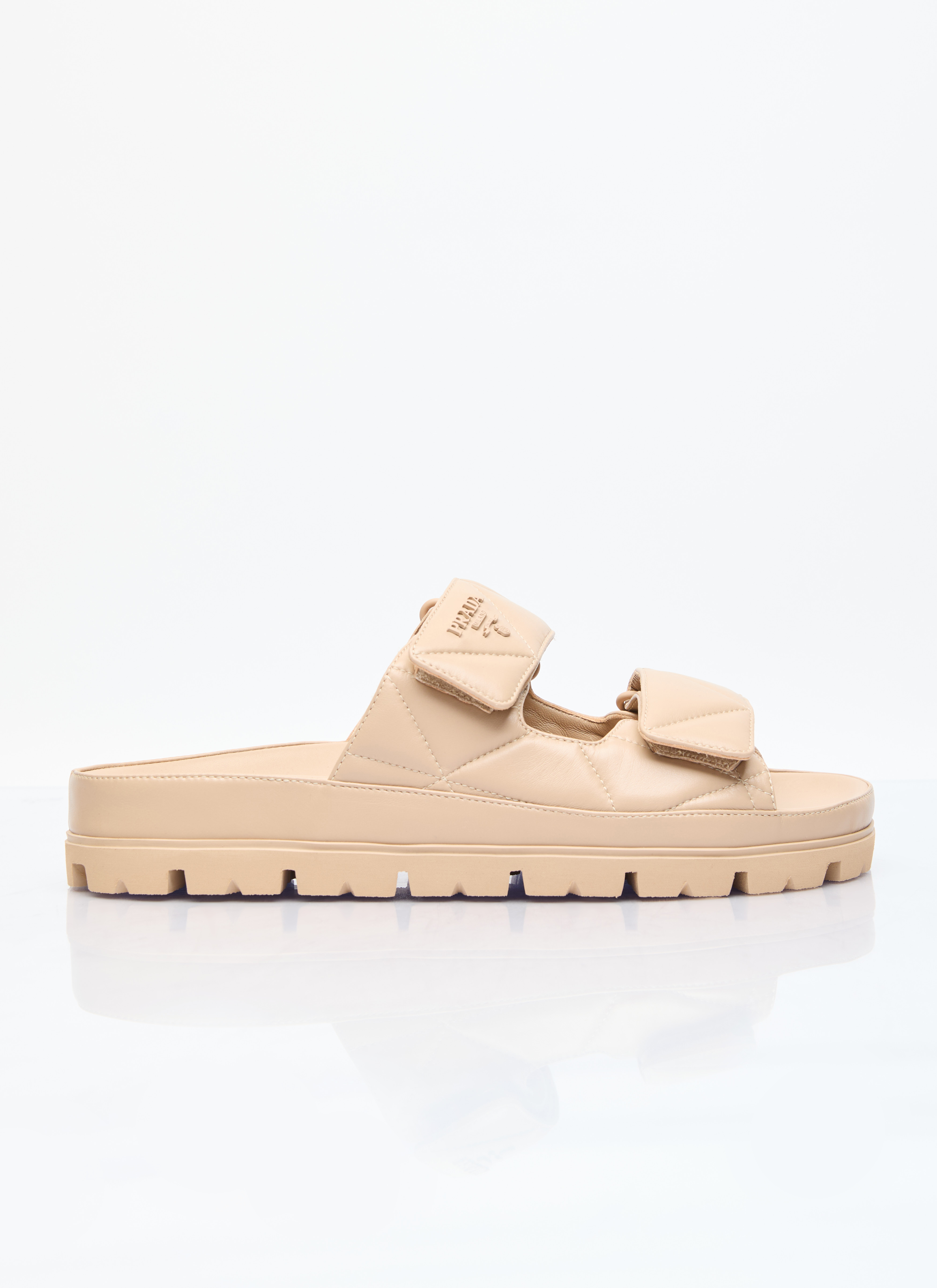 Prada Logo Plaque Quilted Slides in Beige LN CC