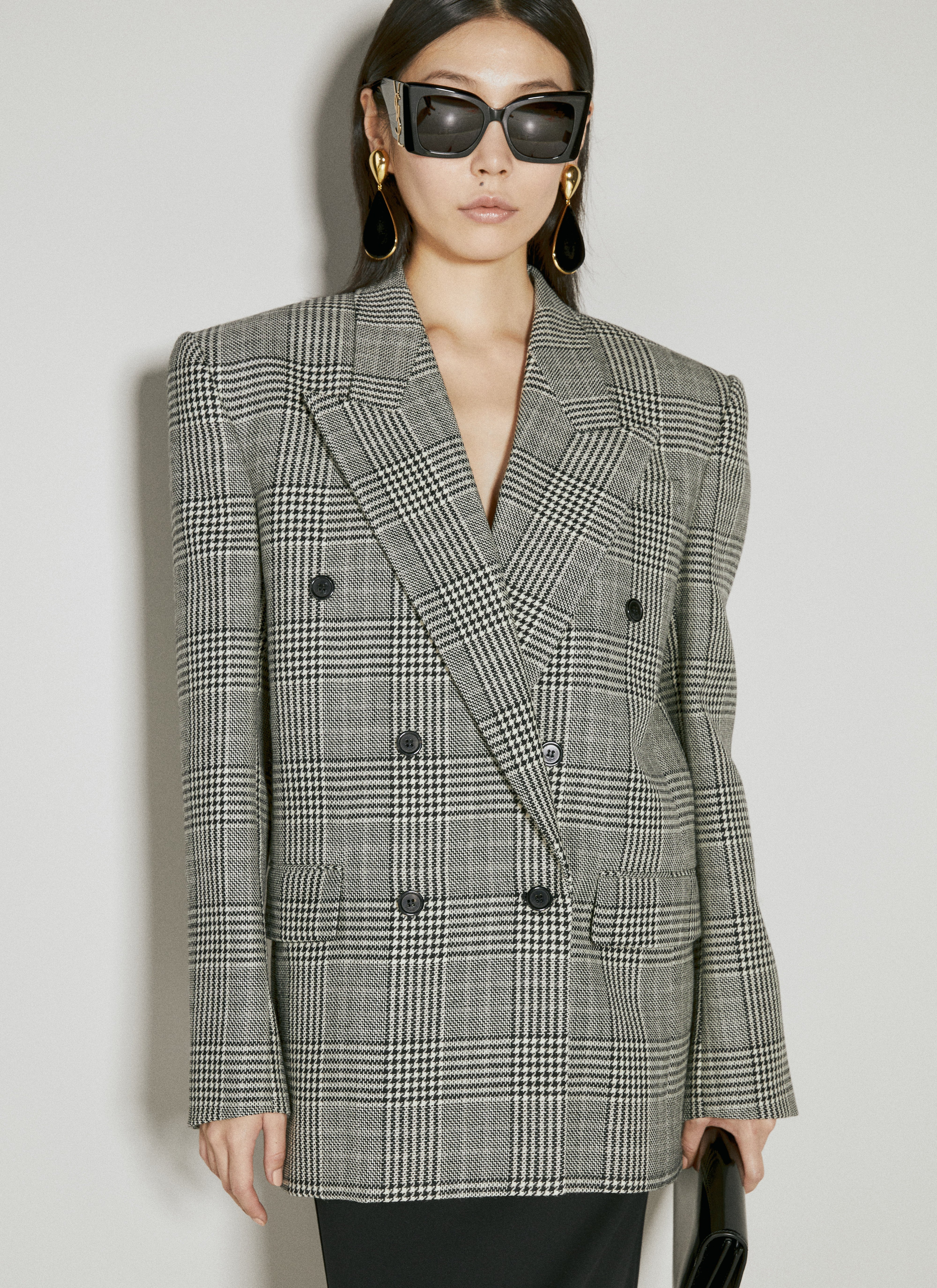 Saint Laurent Women's' Oversized Prince Of Wales Wool Blazer in Grey |  LN-CC®