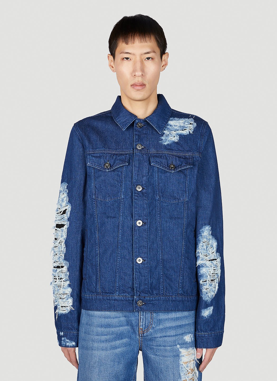 JW Anderson Men's Distressed Denim Jacket in Blue