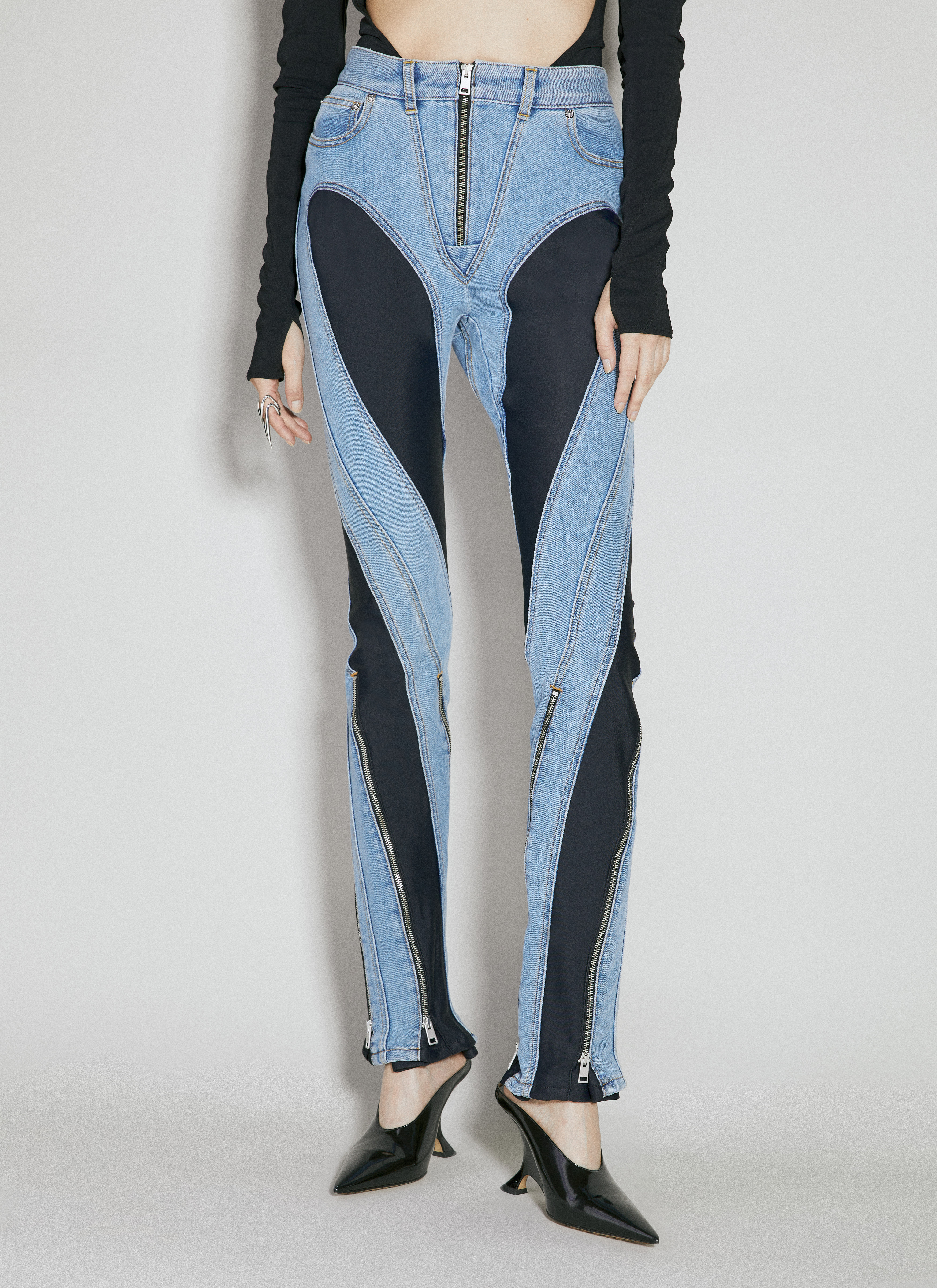 Slited Bi-Material Spiral Jeans