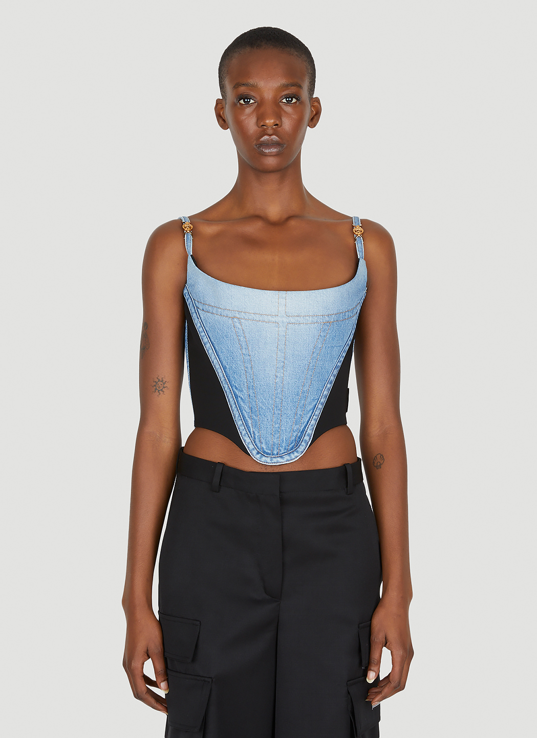 Versace All-over Logo Jacquard Corset Top in Blue