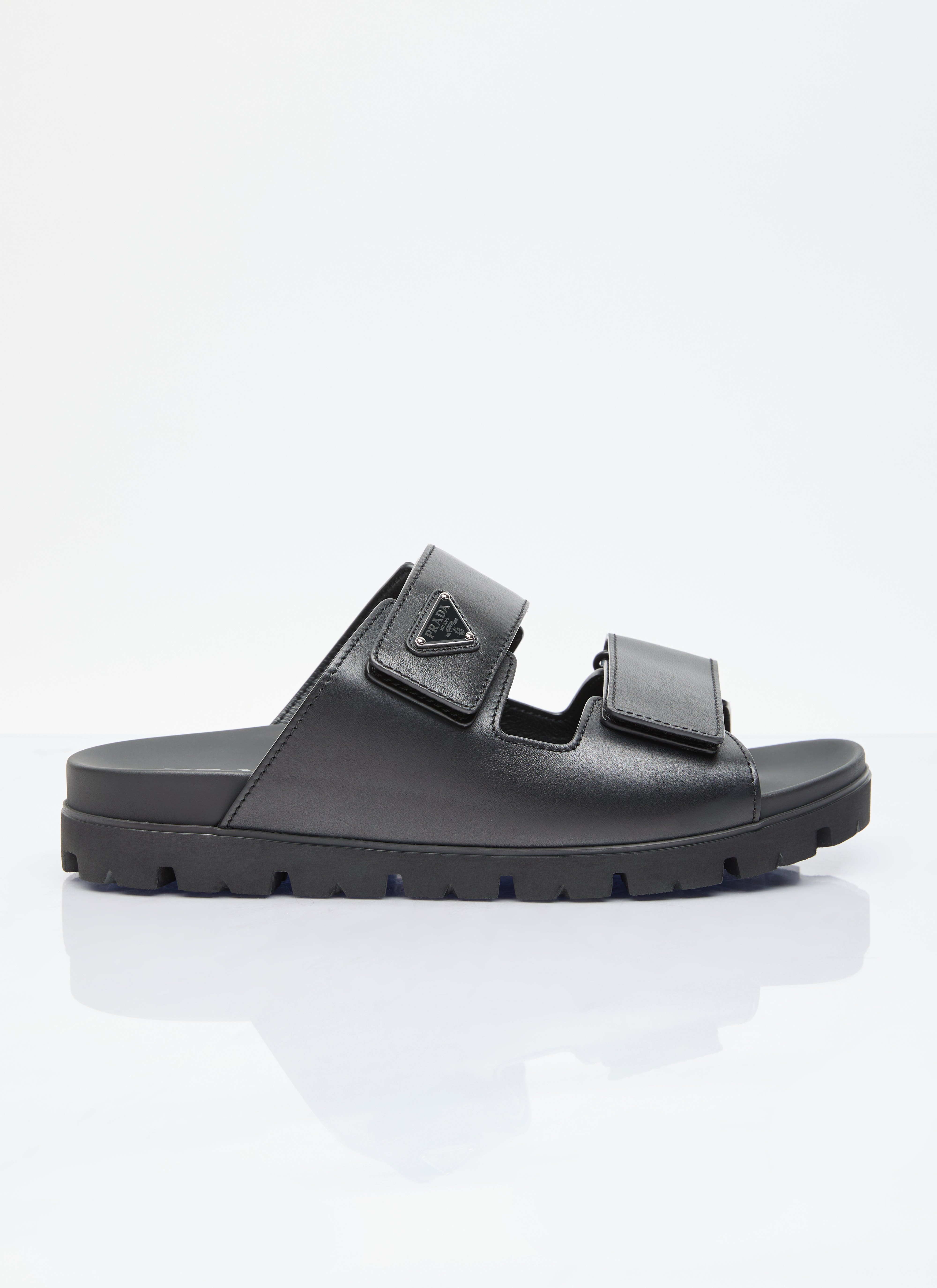 Prada Men s Logo Plaque Leather Slides in Black LN CC