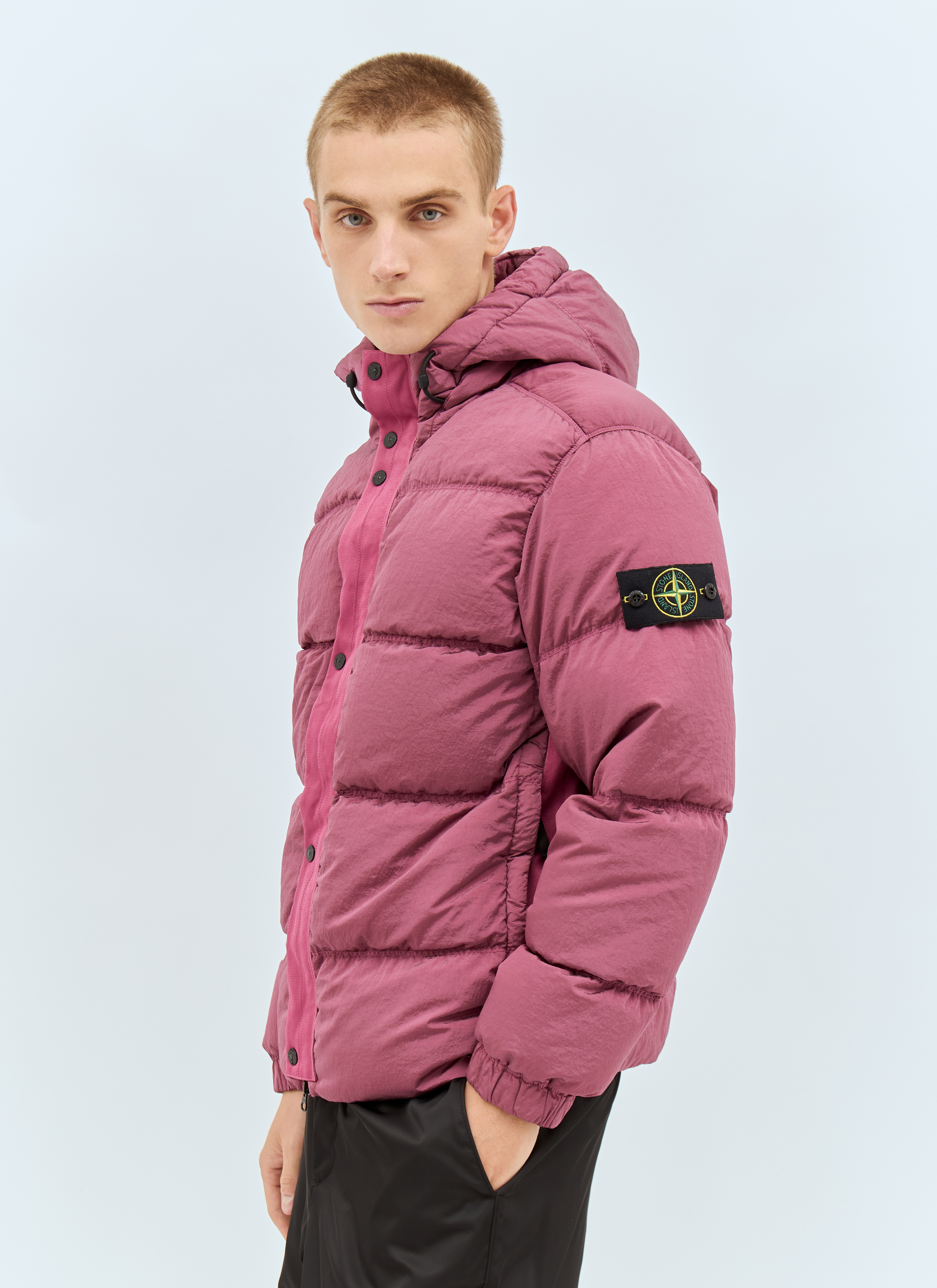 Pink stone island puffer jacket on sale