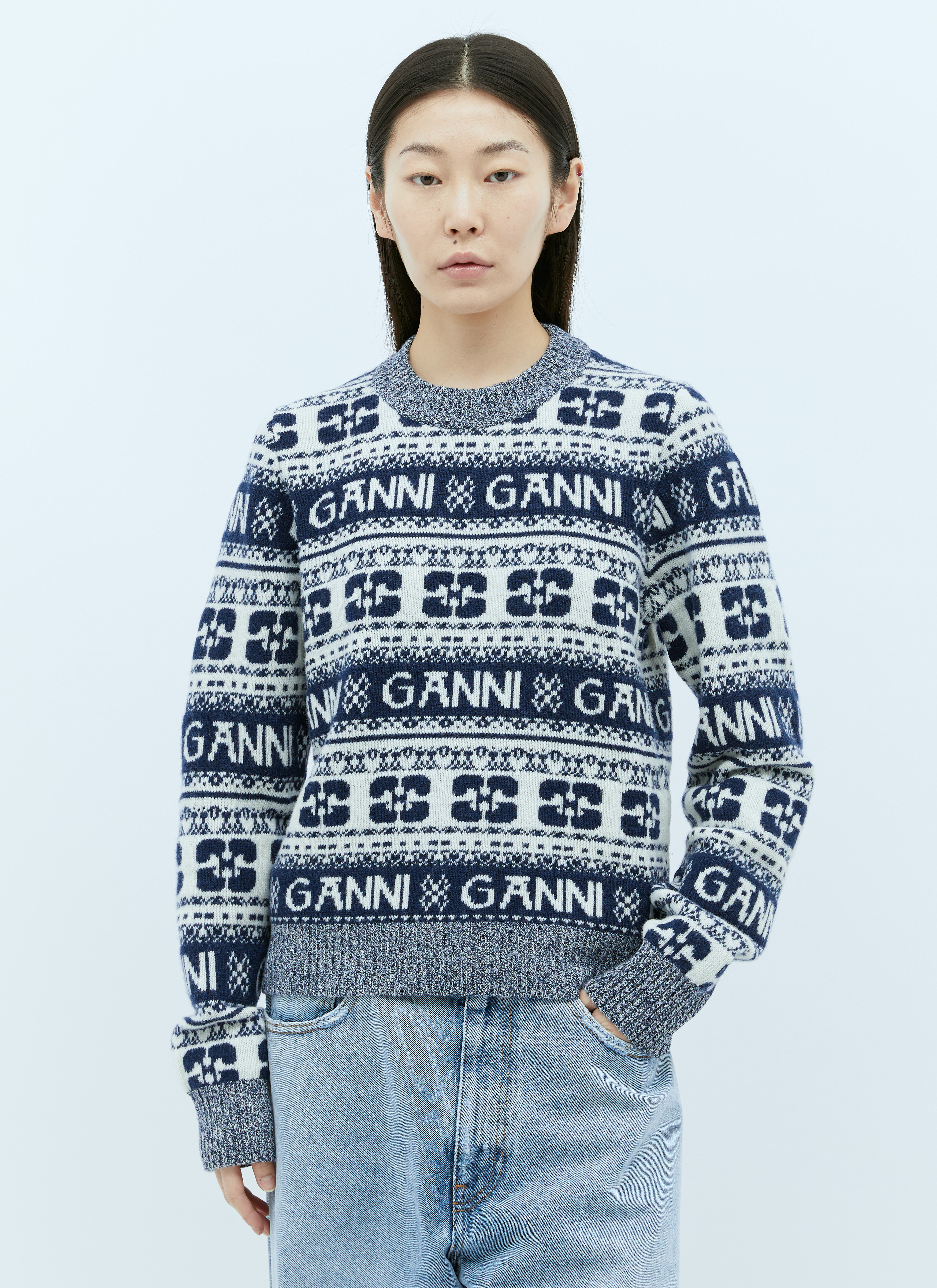 GANNI Women's Logo Jacquard Wool Sweater in Blue | LN-CC®