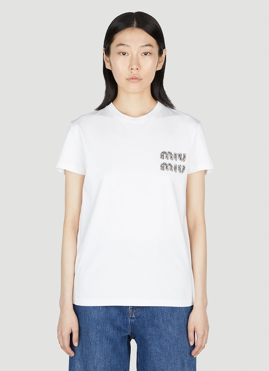 Miu Miu Women s Embellished Logo T Shirt in White LN CC