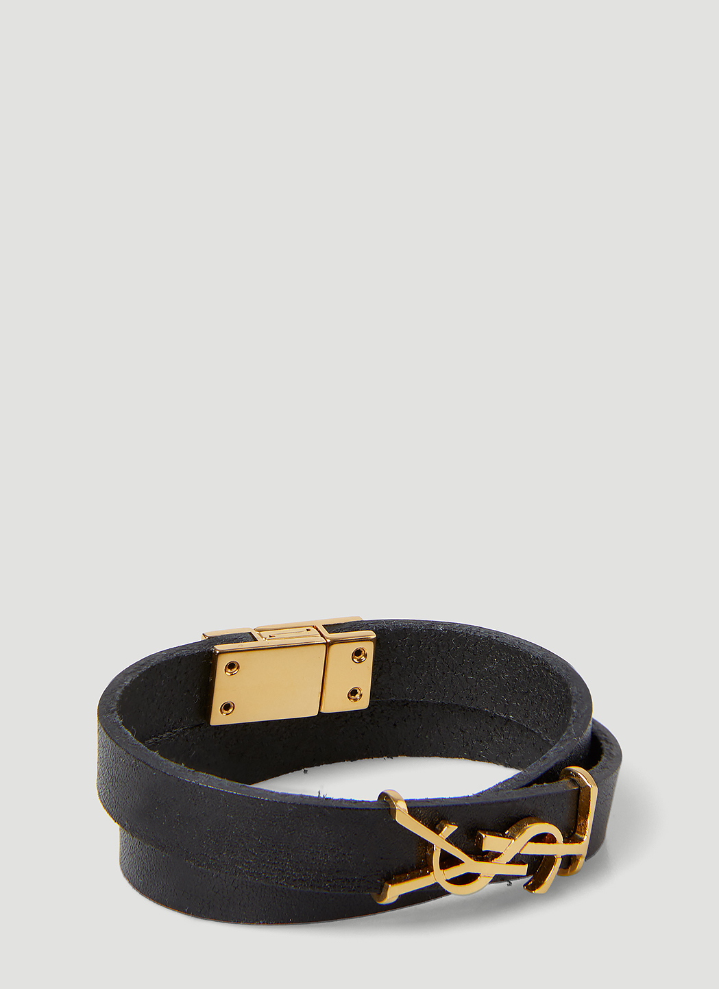 Saint Laurent Leather Ysl Monogram Double-Wrap Bracelet, Black