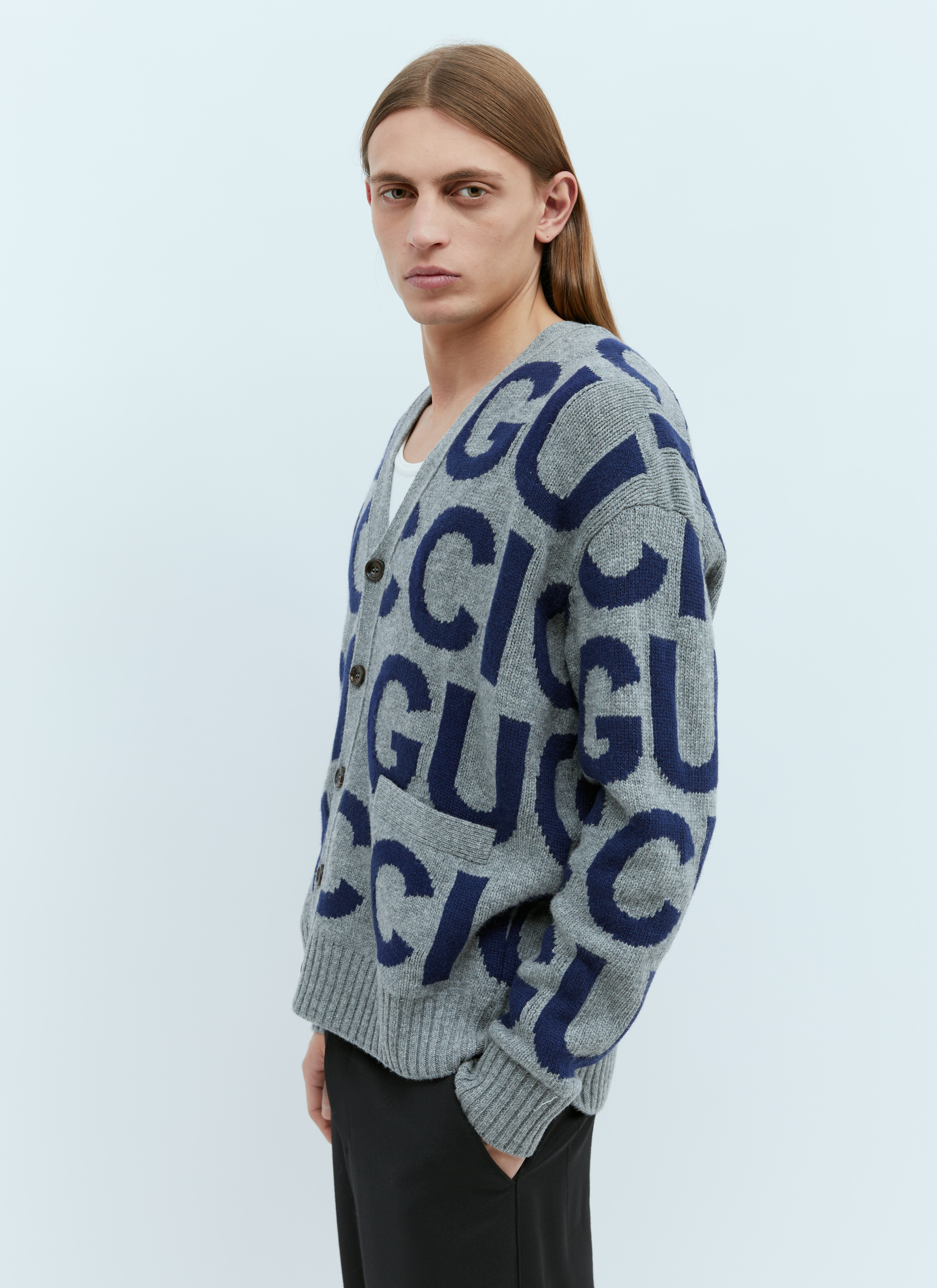 Gucci Logo Intarsia Wool Cardigan in Grey | LN-CC®