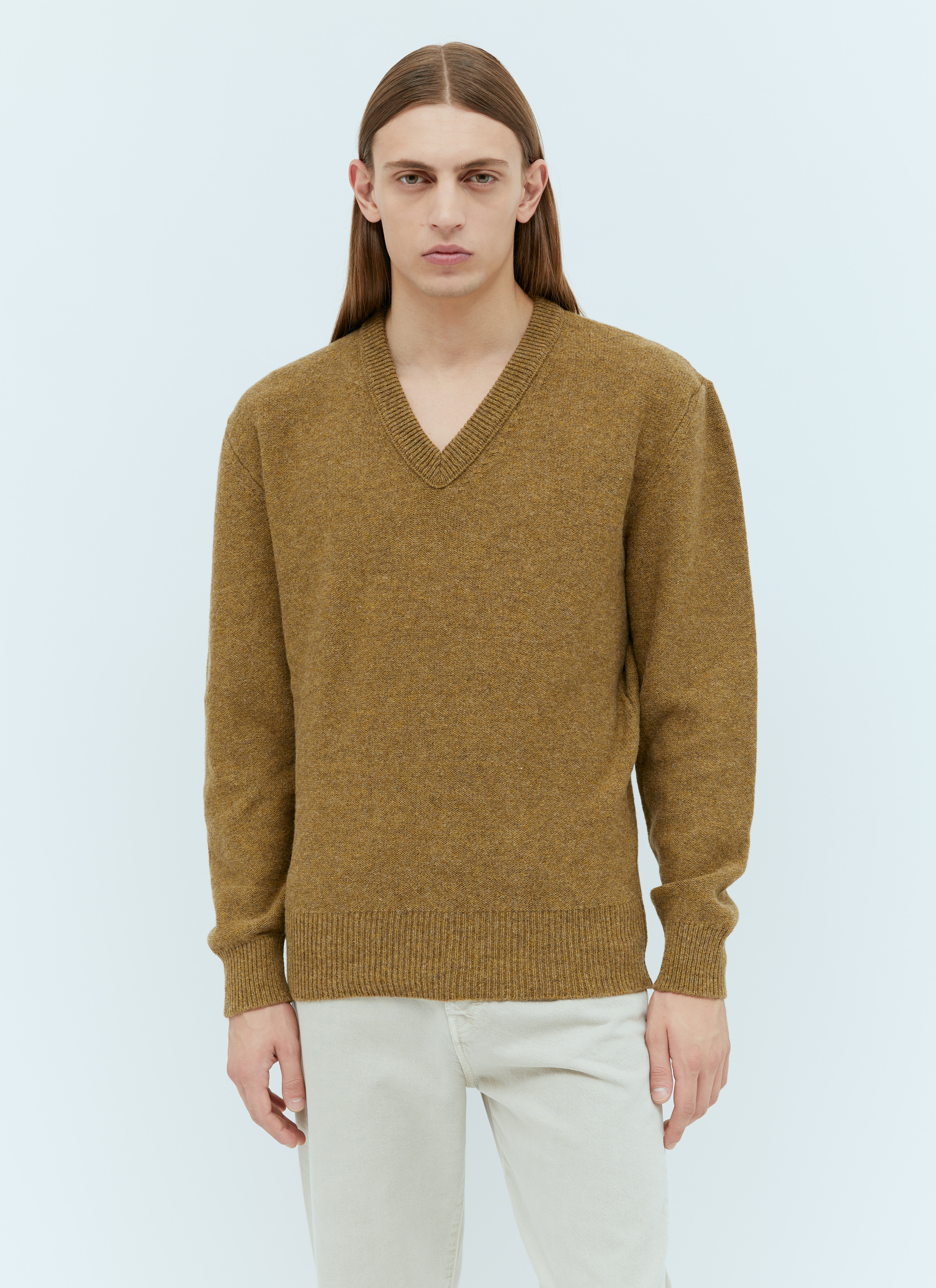 Lemaire Men's V Neck Wool Sweater in Brown