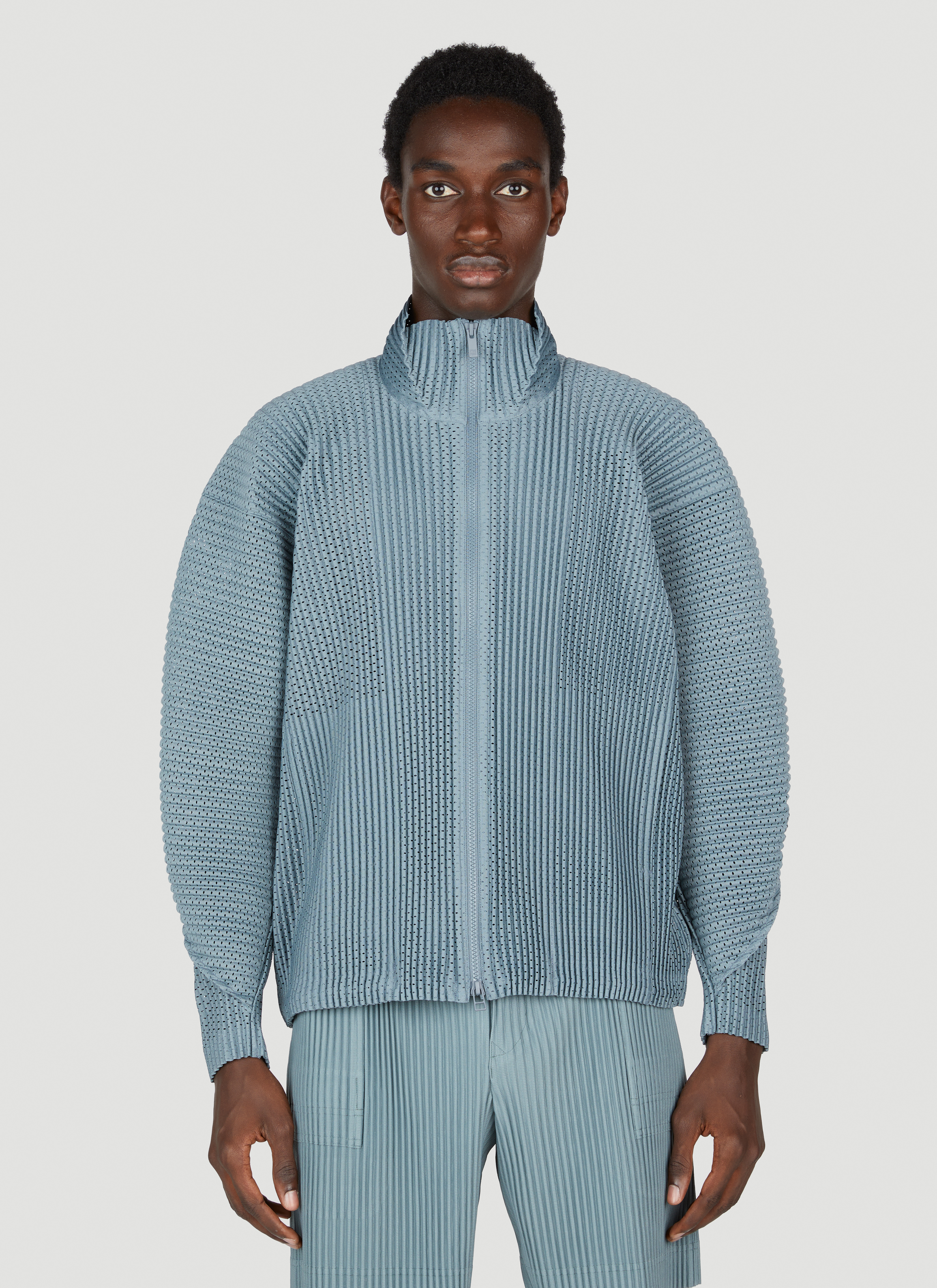 Homme Plissé Issey Miyake Men's Pleated Zip Up Cardigan in Grey